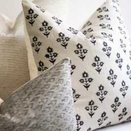 Gray Linen Block Printed Lumbar Pillow Cover Black Leaf Print, Designer Throw - Tatum - thumbnail 3