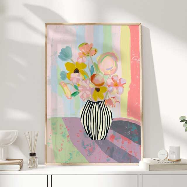 Colourful Floral Vase Print, Modern Still Life Wall Art, Striped Artwork, Bright Botanical Poster - image 1
