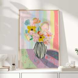 Colourful Floral Vase Print, Modern Still Life Wall Art, Striped Artwork, Bright Botanical Poster - thumbnail 1