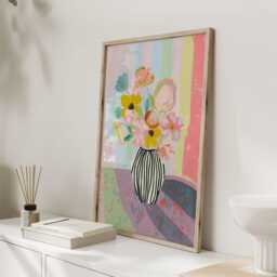 Colourful Floral Vase Print, Modern Still Life Wall Art, Striped Artwork, Bright Botanical Poster - thumbnail 3