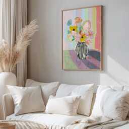 Colourful Floral Vase Print, Modern Still Life Wall Art, Striped Artwork, Bright Botanical Poster - thumbnail 2
