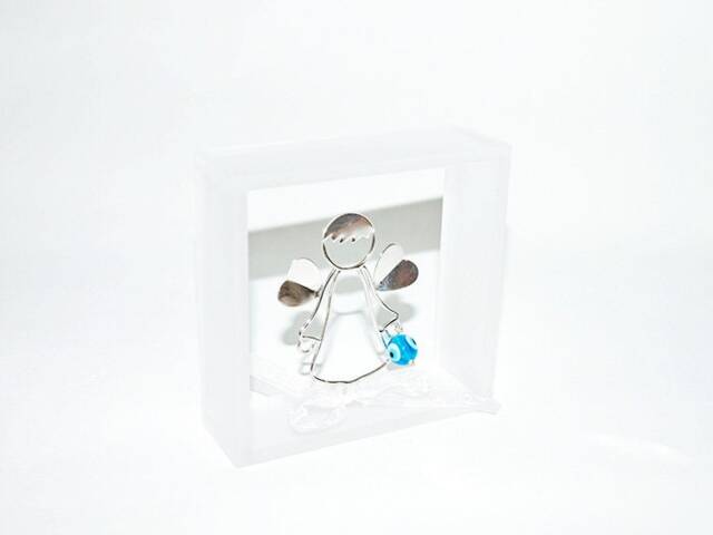 Handmade Sterling Silver 925 Guardian Angel in Plexiglass Wall Frame. Christening Or First Birthday Baby Gift