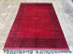 6'7x9'2 Afghan Khal Mohammadi Hand-Knotted Wool Rug, Deep Red Tribal Geometric Carpet, Traditional Oriental Area Rug For Living Room, Office