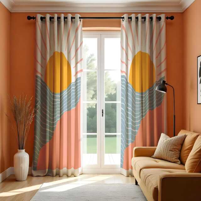 Sunrise Landscape Curtains, Modern Abstract Sun & Wave Drapes, Custom Made Window Panels For Boho Living Room Or Bedroom Decor - image 1