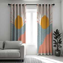 Sunrise Landscape Curtains, Modern Abstract Sun & Wave Drapes, Custom Made Window Panels For Boho Living Room Or Bedroom Decor - thumbnail 3