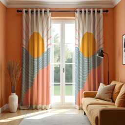 Sunrise Landscape Curtains, Modern Abstract Sun & Wave Drapes, Custom Made Window Panels For Boho Living Room Or Bedroom Decor - thumbnail 1
