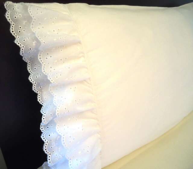 Double Ruffle Eyelet Lace Pillowcases - 2 Standard White Cotton Blend Embellished New - image 1