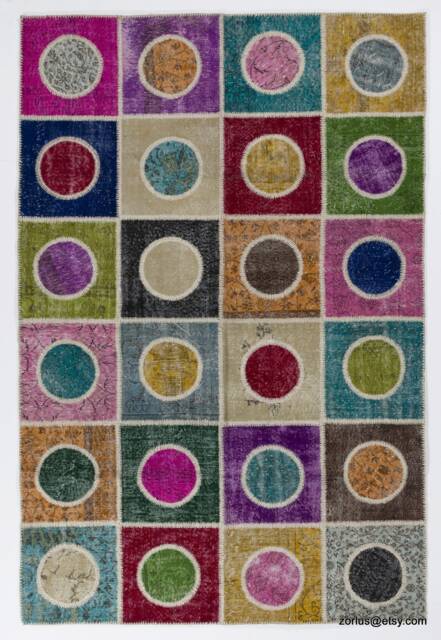 Multicolor Handmade Turkish Patchwork Rug, Square & Circles - image 1