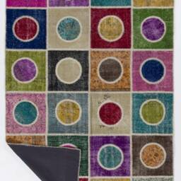 Multicolor Handmade Turkish Patchwork Rug, Square & Circles - thumbnail 2