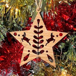 Wooden Star Christmas Tree Decoration - Beautiful Xmas Ornament in Oak, Walnut Cherry Wood Or Silver, Gold, Red, Green Glitter