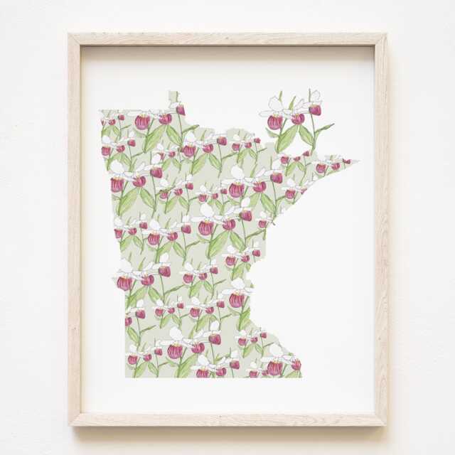 Minnesota State Flower Map Watercolor Pink & White Ladys Slipper - Art Print Wall Graduation Wedding Anniversary Realtor Moving Gift - image 1