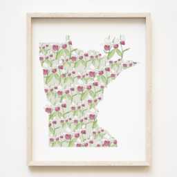 Minnesota State Flower Map Watercolor Pink & White Ladys Slipper - Art Print Wall Graduation Wedding Anniversary Realtor Moving Gift - thumbnail 1