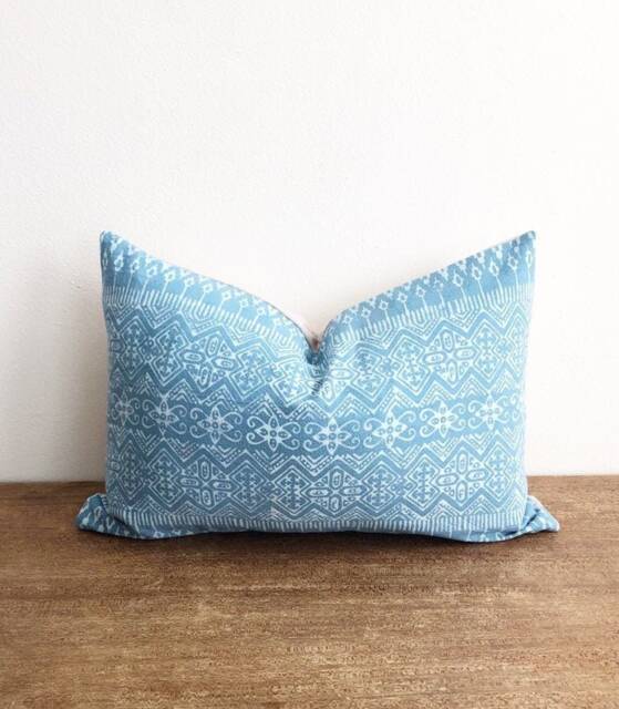 Handwoven Hmong Batik Lumbar Pillow Cover, Light Blue Tribal Design - image 1