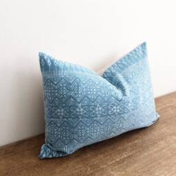 Handwoven Hmong Batik Lumbar Pillow Cover, Light Blue Tribal Design - thumbnail 3
