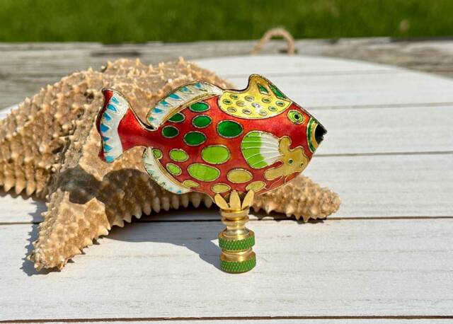 Spotted Reef Fish Lamp Finial On Brass Or Chrome Hardware - A Single Cloisonne Topper in Coral Orange - image 1