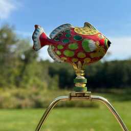 Spotted Reef Fish Lamp Finial On Brass Or Chrome Hardware - A Single Cloisonne Topper in Coral Orange - thumbnail 2