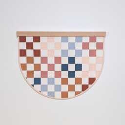 Hand Quilted Checkerboard Wall Hanging Linen & Cotton Tapestry With Wood Hanger - thumbnail 2