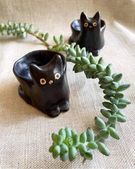 Black Cat Succulent Planter - Small Handmade Ceramic Plant Pot - image 1