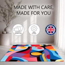Vibrant Abstract Curved Geometric Artwork Rug Non-Slip Soft Area Carpet Bedroom Living Room Hallway Mat Decor - Made in UK - thumbnail 2