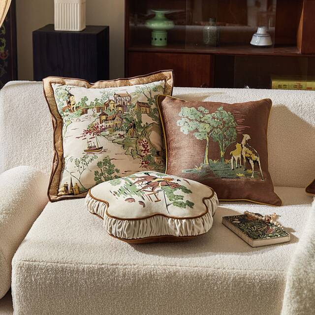 French Toile Pillow Cover, Scenic Velvet Cushion, Ruffle Decorative - image 1