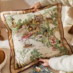 French Toile Pillow Cover, Scenic Velvet Cushion, Ruffle Decorative - thumbnail 2