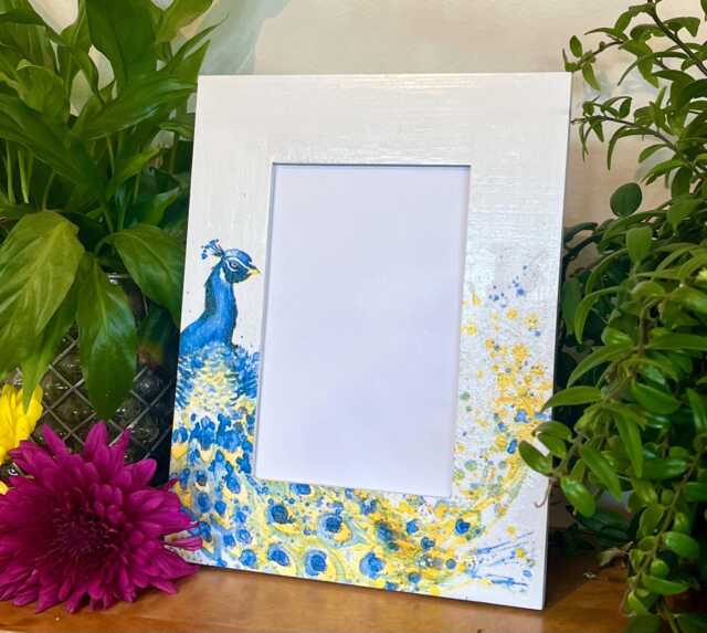 Peacock Decoupaged Photo Frame, Wildlife Picture Yellow & Blue Shabby Chic Bird Home Decor - image 1