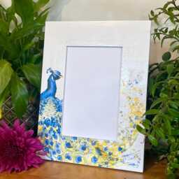 Peacock Decoupaged Photo Frame, Wildlife Picture Yellow & Blue Shabby Chic Bird Home Decor - thumbnail 2