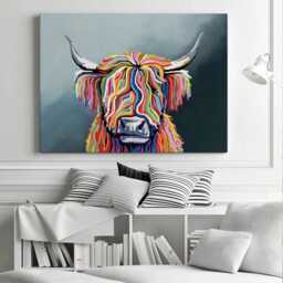Rainbow Highland Cow Canvas Print, Colourful Scottish Coo Wall Art - thumbnail 2