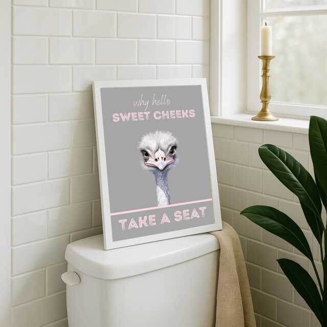 Funny Ostrich Bathroom Print Hello Sweet Cheeks Wall Art - image 1