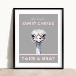 Funny Ostrich Bathroom Print Hello Sweet Cheeks Wall Art - thumbnail 2
