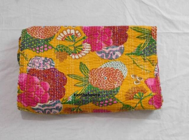 Handmade Indian Kantha Quilt, Floral Cotton Bedspread - image 1
