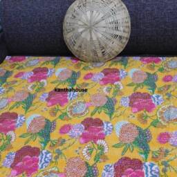 Handmade Indian Kantha Quilt, Floral Cotton Bedspread - thumbnail 4