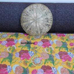 Handmade Indian Kantha Quilt, Floral Cotton Bedspread - thumbnail 2