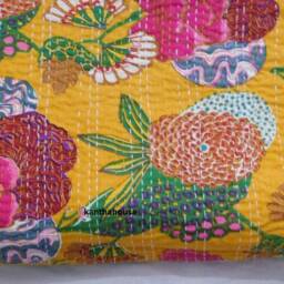 Handmade Indian Kantha Quilt, Floral Cotton Bedspread - thumbnail 3