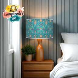 Floral Light Shade - Morris Inspired Lampshade in Bluee & Hot Pink Boho Style Drum Handmade Lamp - thumbnail 2