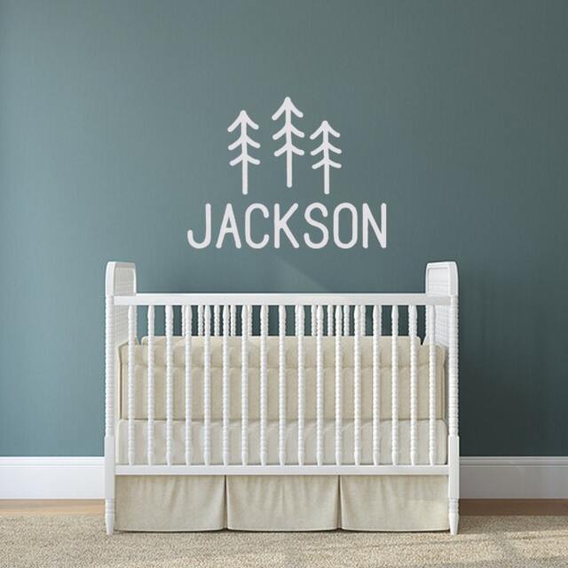 Name Decal, Personalized Nursery Boy Room Wall Decal, Pine Tree Decor, Camping Adventure Nature Woodland Decal - image 1