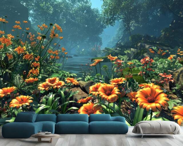 Forest Stream Wallpaper Mural, Vibrant Tranquil Art, Peel & Stick Wall Decal - image 1