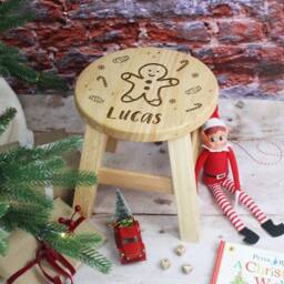 Personalised Child's Wooden Christmas Stool With Any Name, Xmas Gift For Kids, Icons, Gingerbread Man, Candy Cane & Snowflakes - thumbnail 3