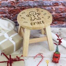 Personalised Child's Wooden Christmas Stool With Any Name, Xmas Gift For Kids, Icons, Gingerbread Man, Candy Cane & Snowflakes