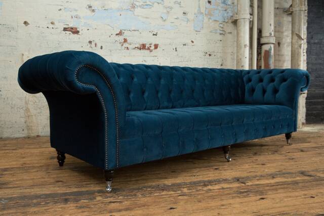 British Handmade 4 Seater Ocean Navy Blue Velvet Chesterfield Sofa - image 1