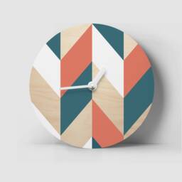 Geometric Wall Clock Modern Woodwork, Orange, Blue, & White - thumbnail 1
