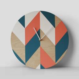 Geometric Wall Clock Modern Woodwork, Orange, Blue, & White - thumbnail 2