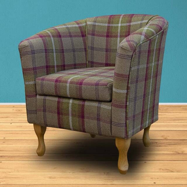 Handmade Tartan Plaid Tub Chair Balmoral Heather Brown & Green Fabric - image 1