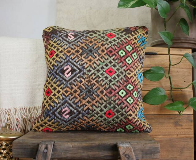 40cm - 16In Vintage Kilim Cushion Cover Handwoven - Authentic Pillow Hand Spun Wool Turkish Square - image 1