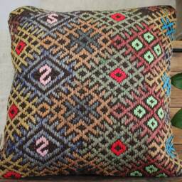 40cm - 16In Vintage Kilim Cushion Cover Handwoven - Authentic Pillow Hand Spun Wool Turkish Square - thumbnail 2