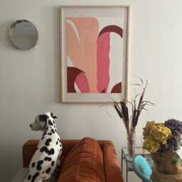Handwoven Pink Flower Tapestry - Japandi Textile Art in Limba Wood Frame - thumbnail 3