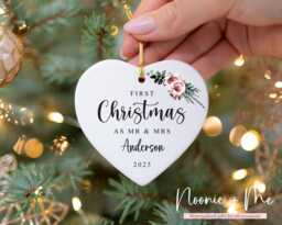 First Christmas Married - Tree Decoration Personalised Ceramic Bauble Heart Mr & Mrs Gift Wedding Style1 - thumbnail 1