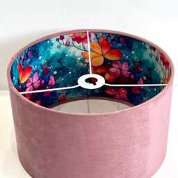 New Made By Order Luxury Double Sided Rose Pink Velvet & Floral Flower Plant Pattern Drum Shape Lamp Shade Pendant Light - thumbnail 2