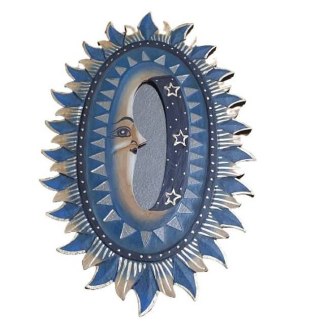 Wooden Hand Painted Hanging Blue Moon Mirror. Decorated Hanging Mirror With Loop. Home Decoration. Mirrors. Suns & Moons