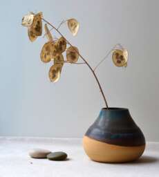 Blue Brown Ceramic Vase Handmade Japanese Pottery, Ikebana Style Moribana Vase, Rustic Wabi Sabi Decor - thumbnail 1